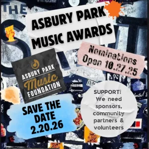 Poster for Asbury Park Music Awards on a collage background with stickers. Nominations open 10/27/25. Save the date 2/20/26.