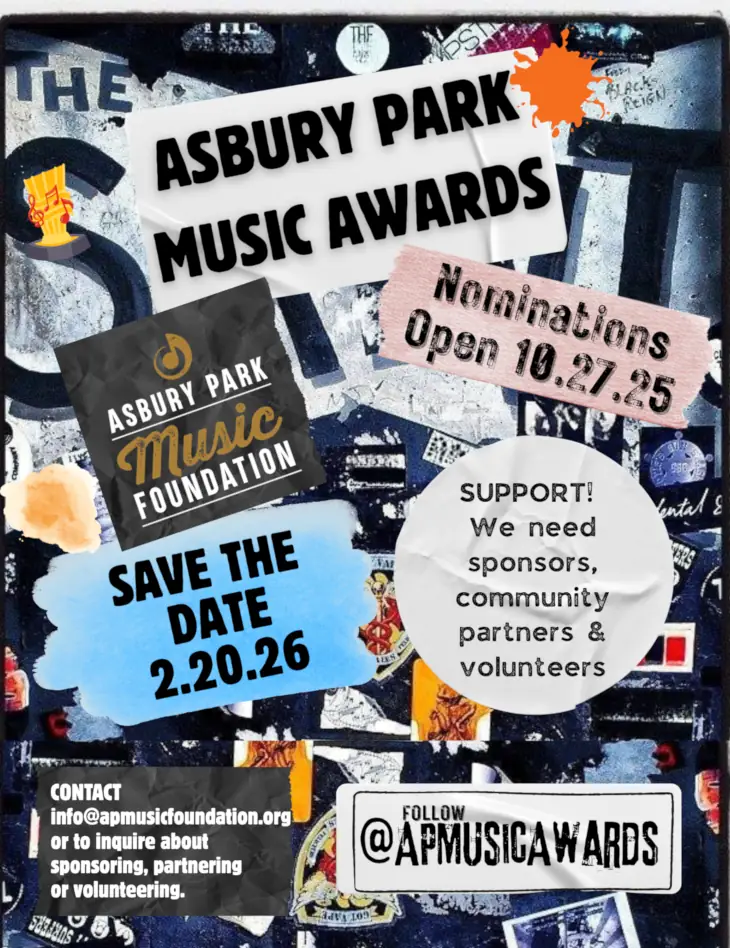 Poster for Asbury Park Music Awards on a collage background with stickers. Nominations open 10/27/25. Save the date 2/20/26.