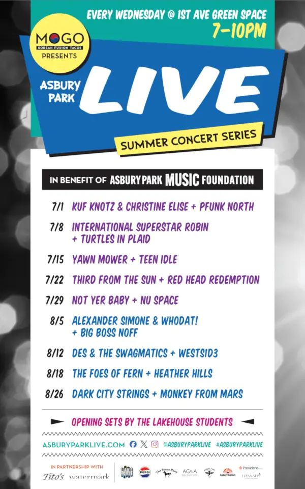 Promotional poster for the 'Asbury Park Live Summer Concert Series,' presented by MOGO Korean Fusion Tacos and benefiting the Asbury Park Music Foundation. The events take place every Wednesday from 7:00 PM to 10:00 PM at the 1st Ave Green Space.