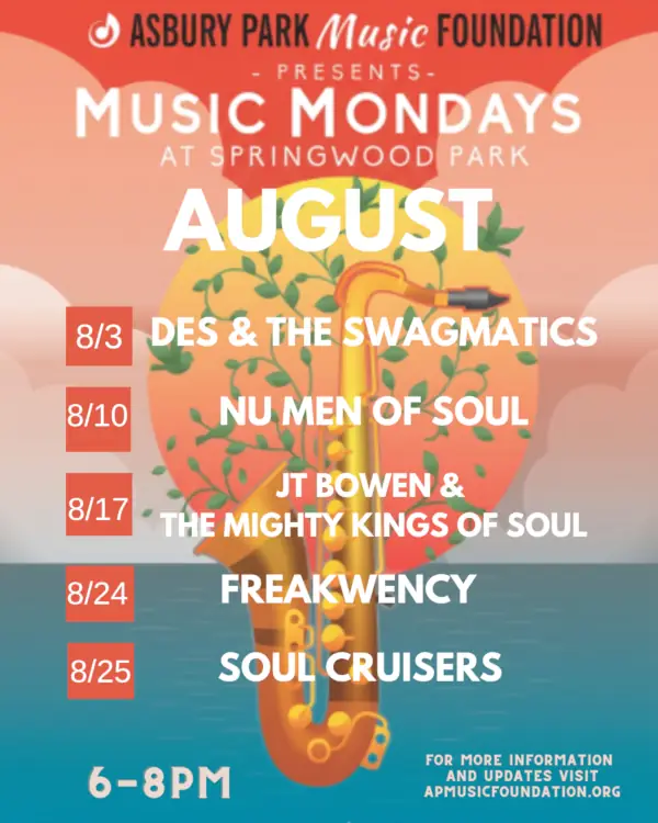 Event flyer for Asbury Park Music Foundation's Music Mondays at Springwood Park for August, listing weekly concert dates and performers from 6 to 8 PM.