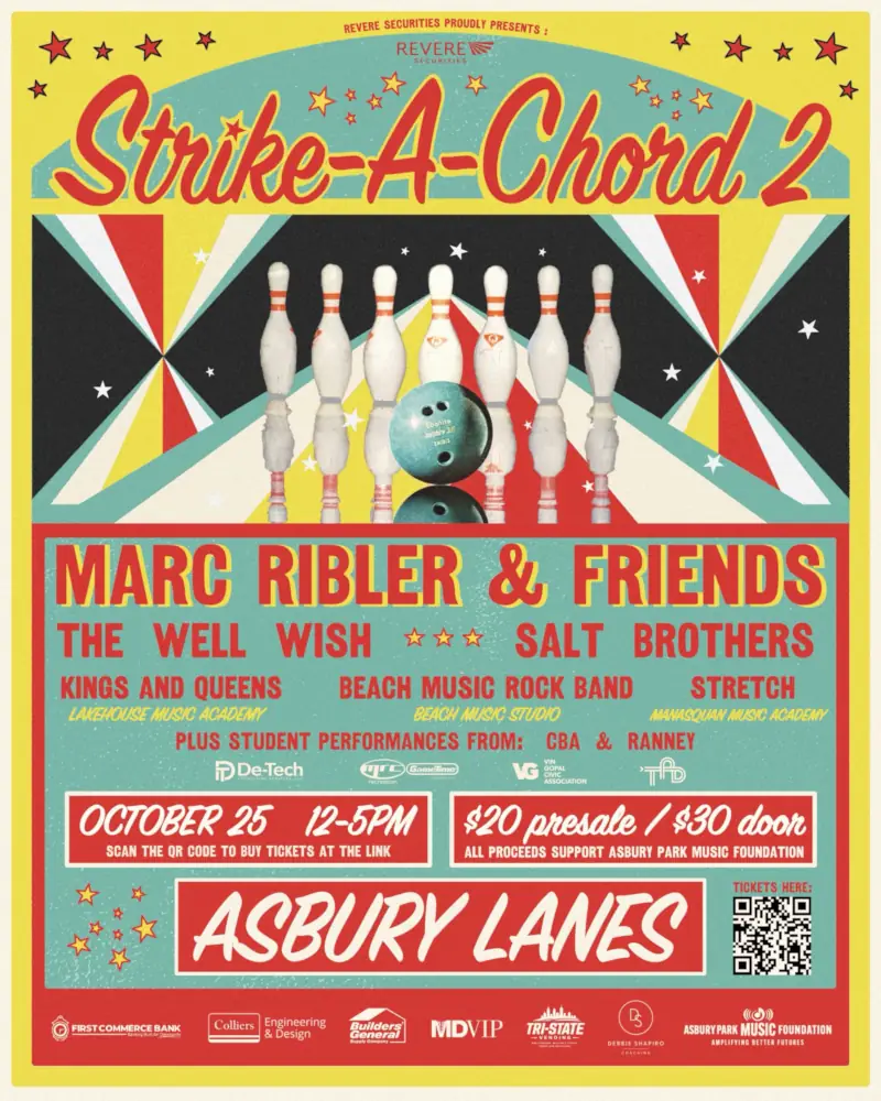 Bright retro “Strike-A-Chord 2” benefit poster with bowling pins and a teal ball, band names, Asbury Lanes venue, and October 25 date; festive tone.
